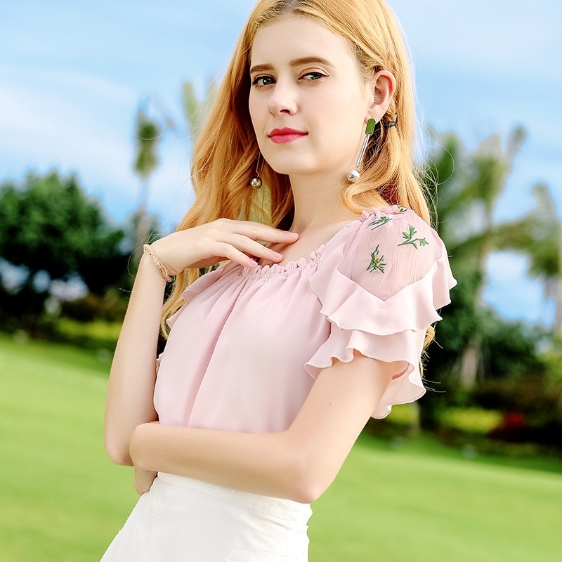 Round Neck Sleeves Solid Color Woven Shirt