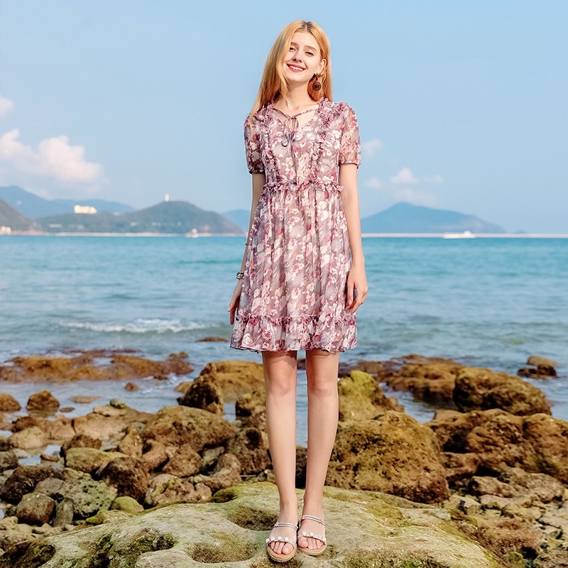 V-neckleaf Print Chiffon Skirt