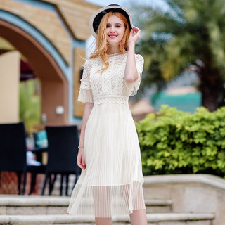 Langer Plissee-Spitze-Kleid In Einfarbig