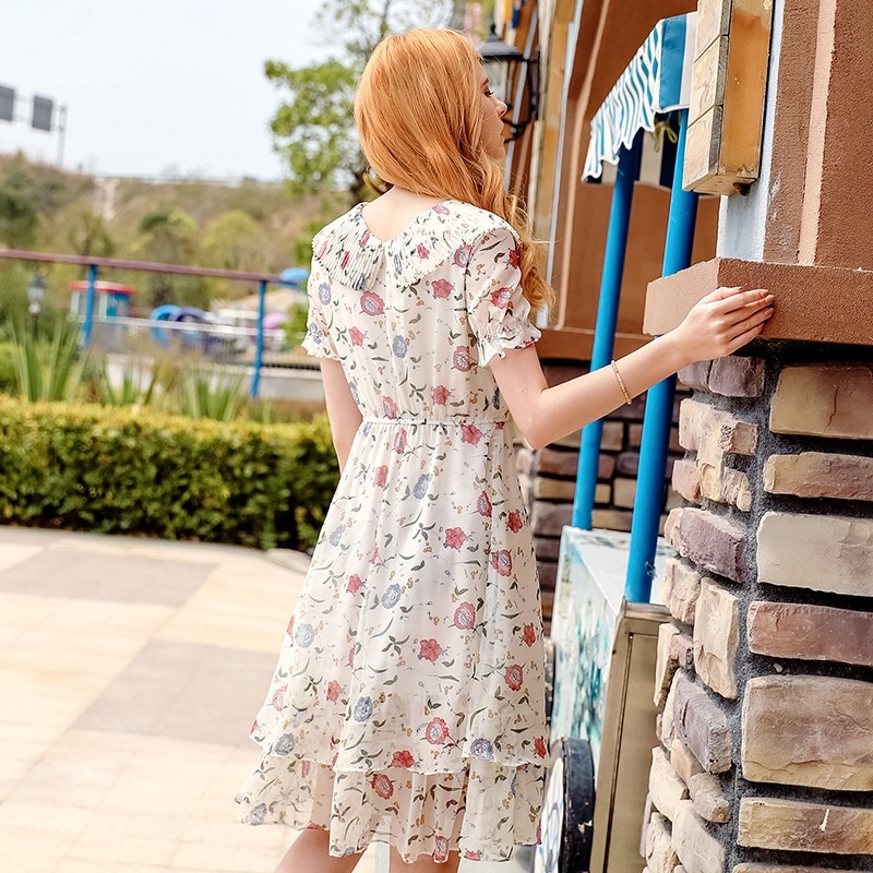 Big Lapel Flared Sleeve A Printed Chiffon Skirt