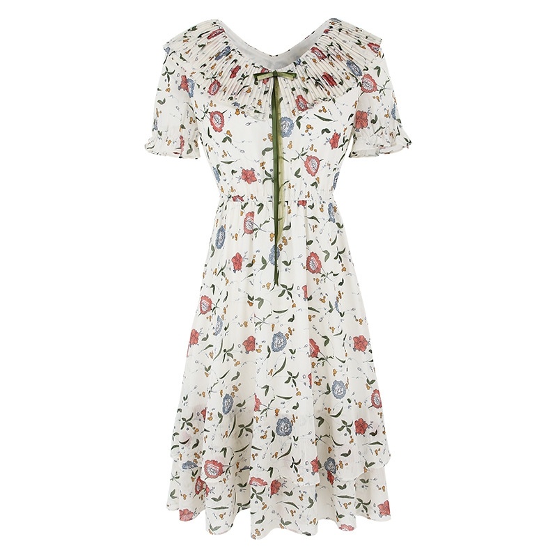Big Lapel Flared Sleeve A Printed Chiffon Skirt