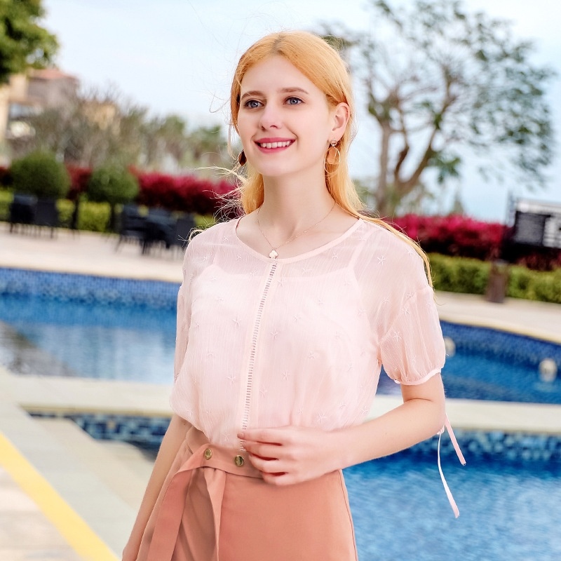 Round Neck Jumper Star Embroidered Chiffon Shirt