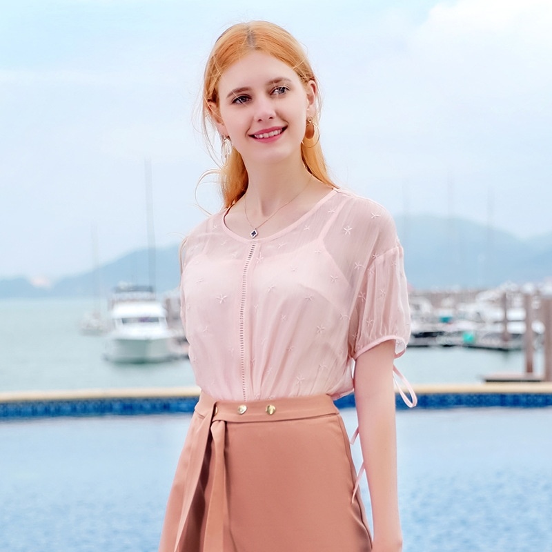 Round Neck Jumper Star Embroidered Chiffon Shirt