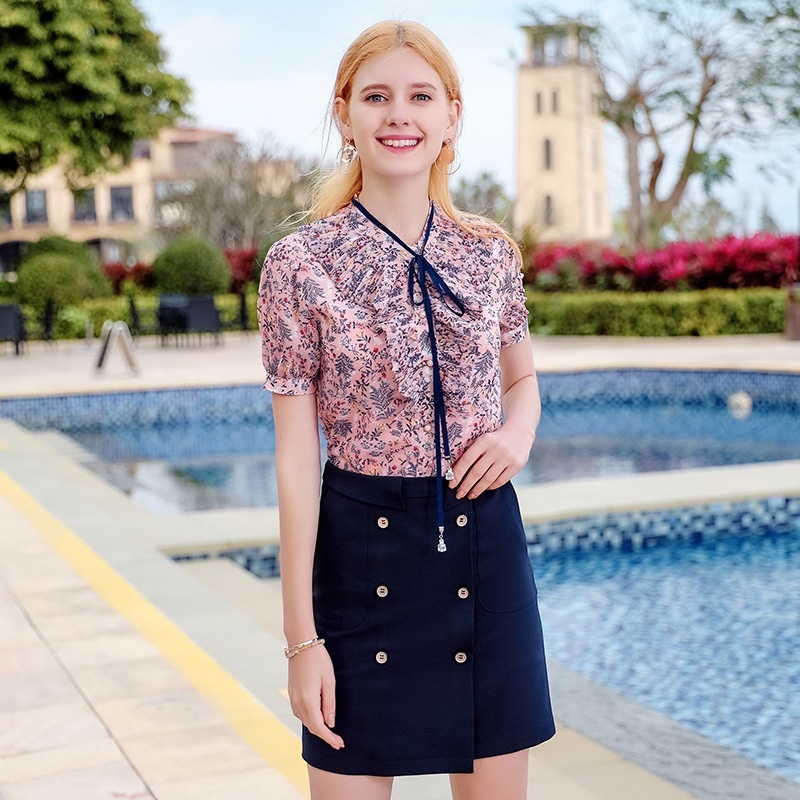 Kragen Einreiher Gedruckt Chiffon Shirt