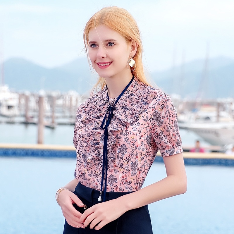 Kragen Einreiher Gedruckt Chiffon Shirt