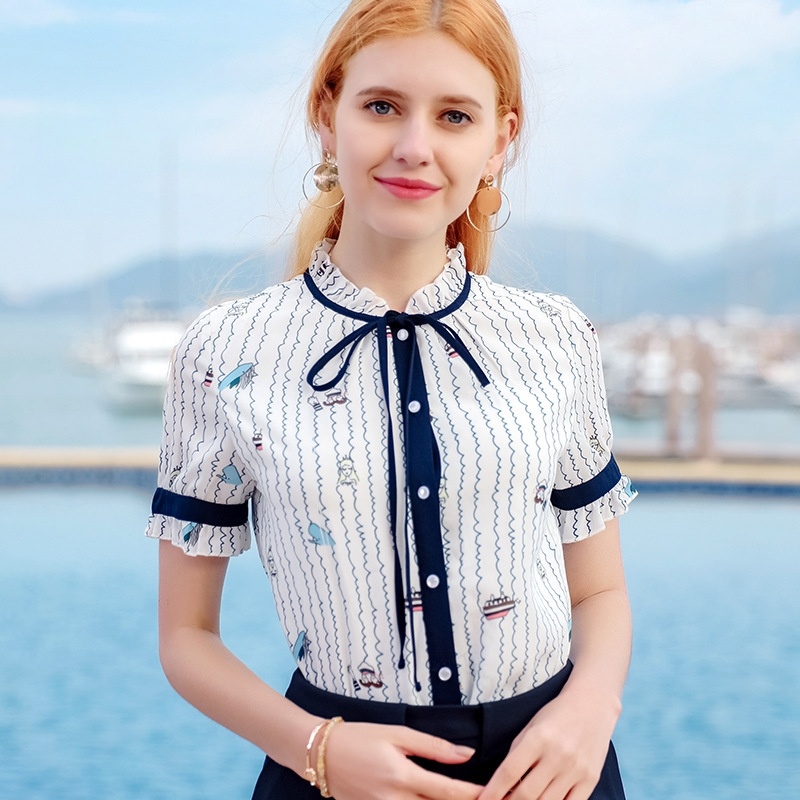Standing Collar Sleeve Print Chiffon Top