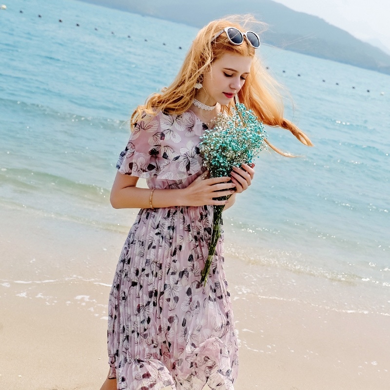 V-neck Flared Sleeve Pleated Print-Chiffon-Kleid