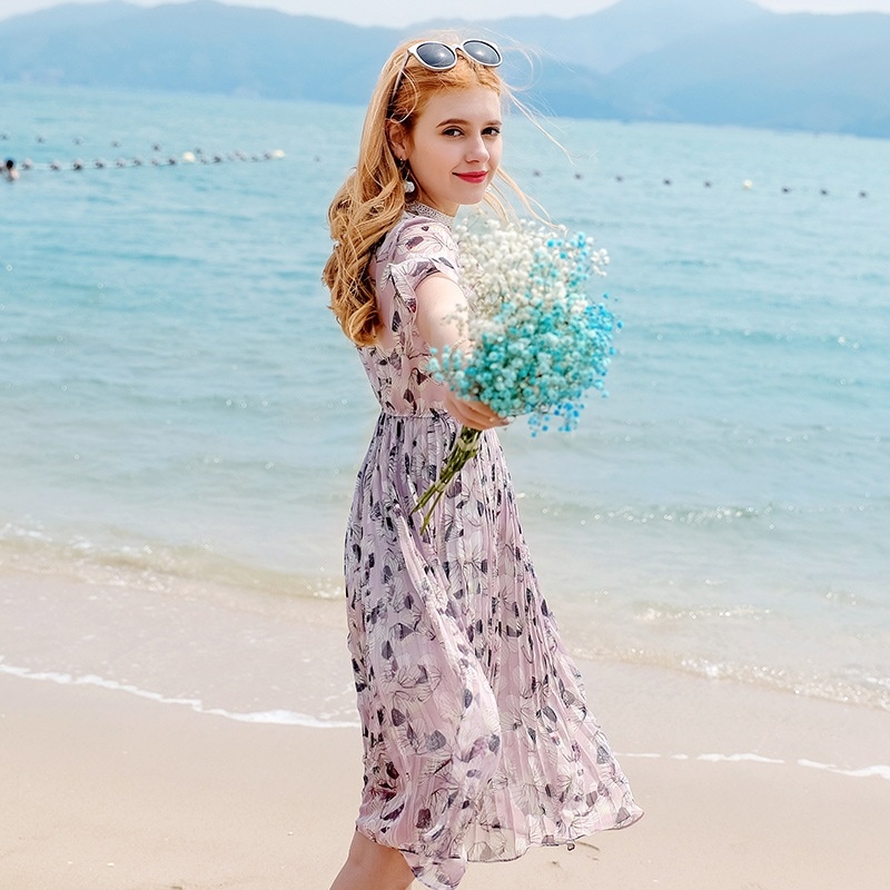 V-neck Flared Sleeve Pleated Print Chiffon Dress
