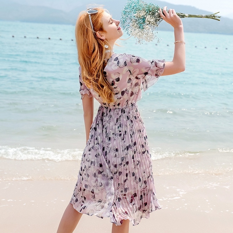 V-neck Flared Sleeve Pleated Print-Chiffon-Kleid