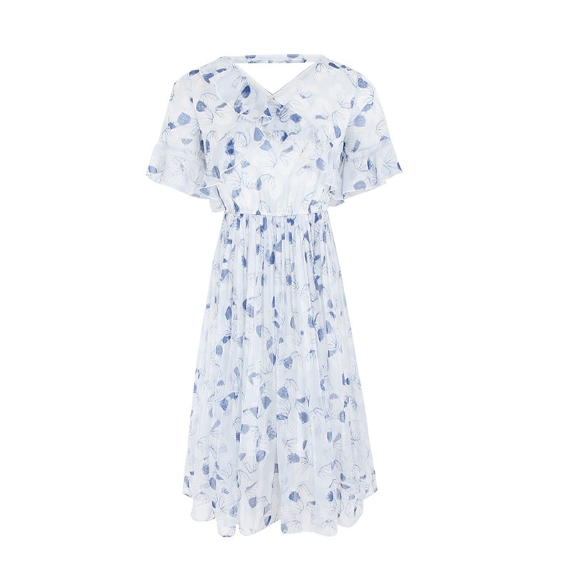 V-neck Flared Sleeve Pleated Print-Chiffon-Kleid