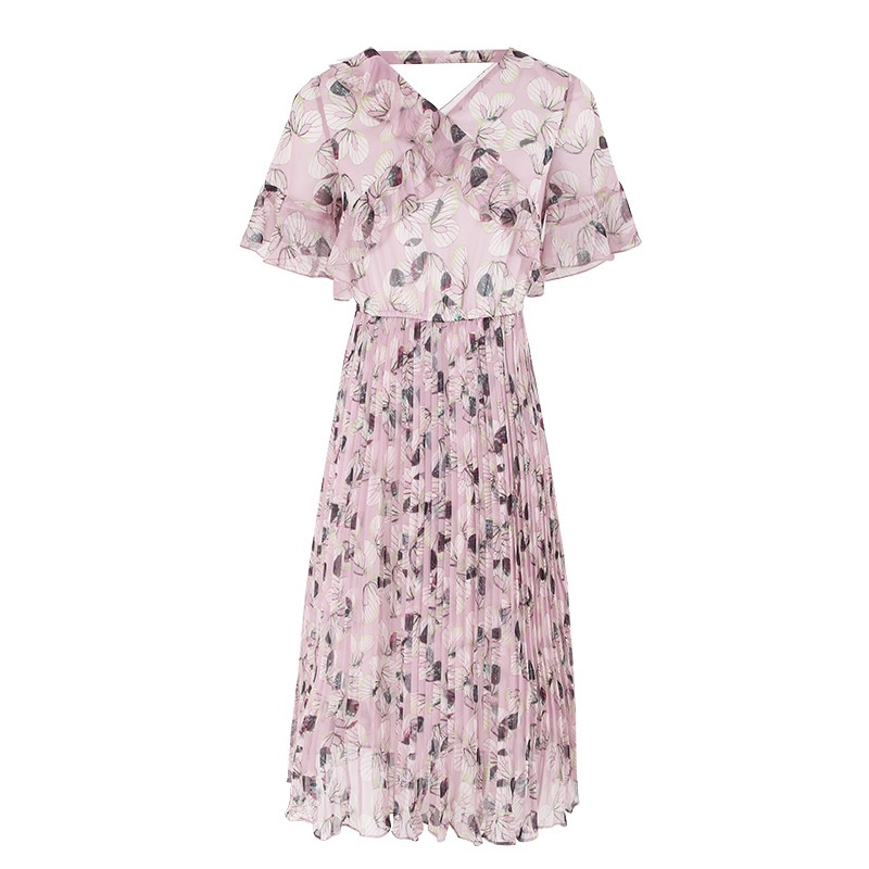 V-neck Flared Sleeve Pleated Print-Chiffon-Kleid