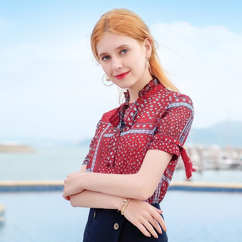 Stand Collar Print Chiffon Shirt