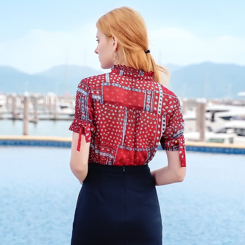 Stand Collar Print Chiffon Shirt