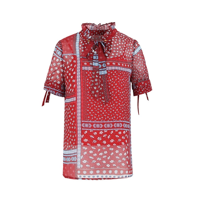Stand Collar Print Chiffon Shirt