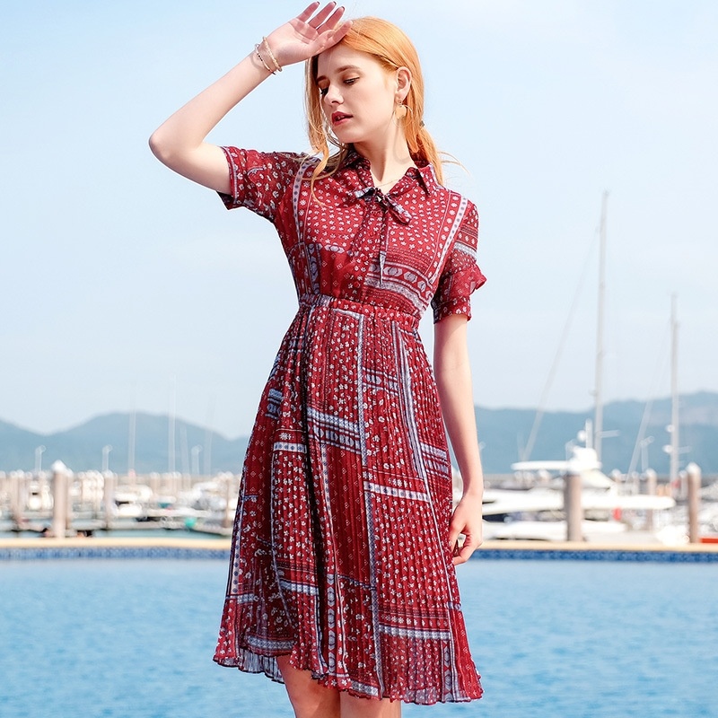 Einreiher Mit Plissee-Print-Chiffon-Kleid