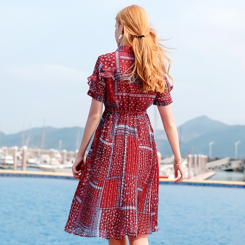 Einreiher Mit Plissee-Print-Chiffon-Kleid
