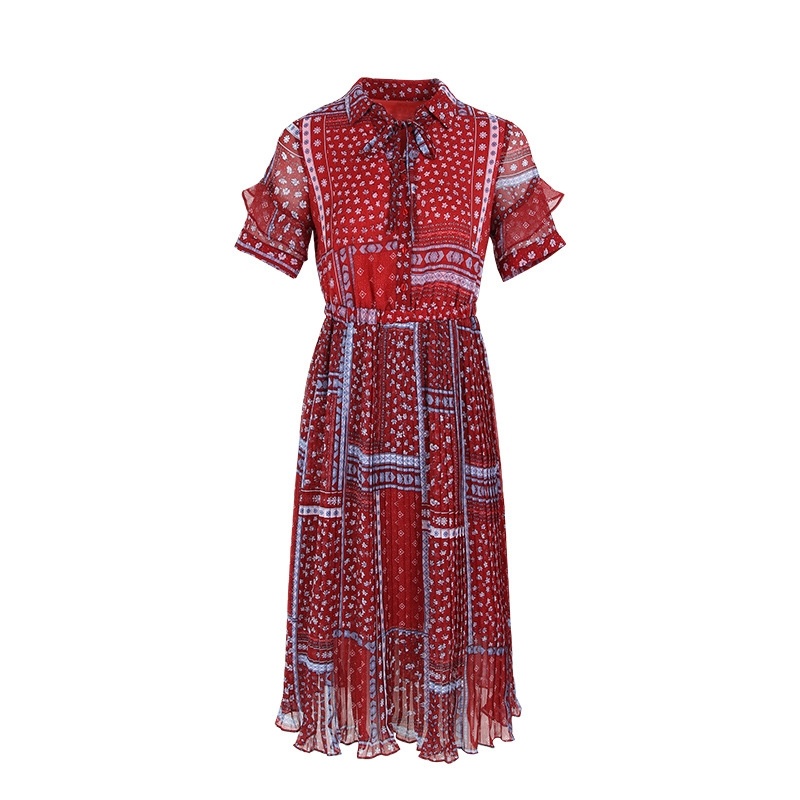 Single Breasted Pleated Print Chiffon Dress
