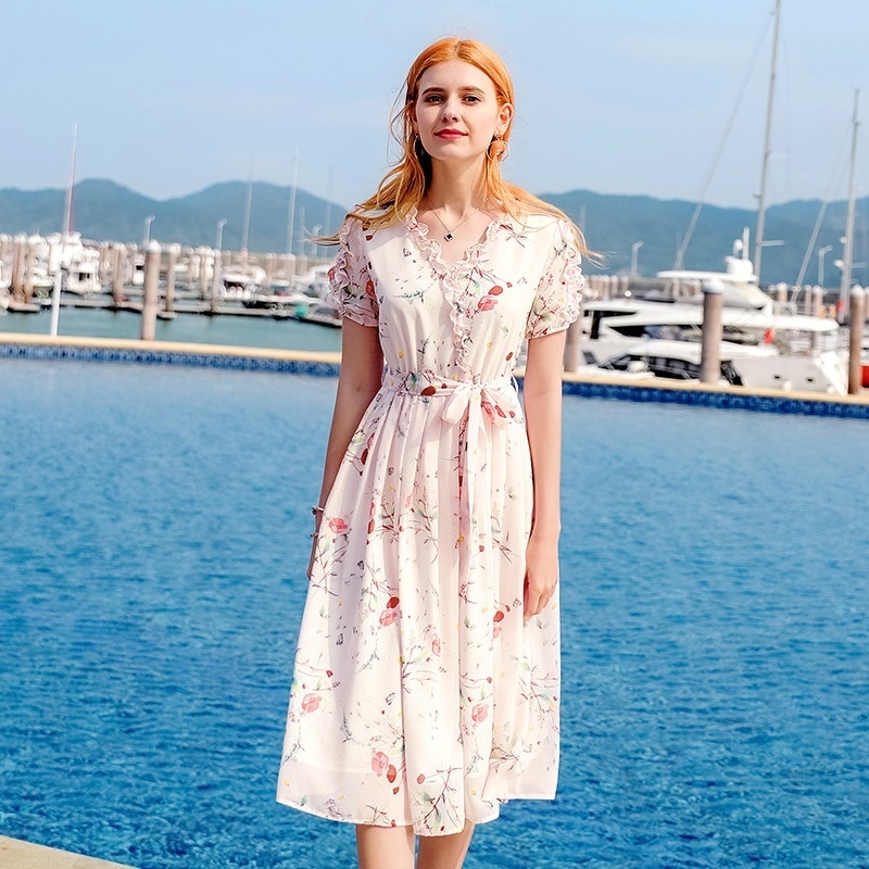 Mid-length Pleated Print Chiffon Dress