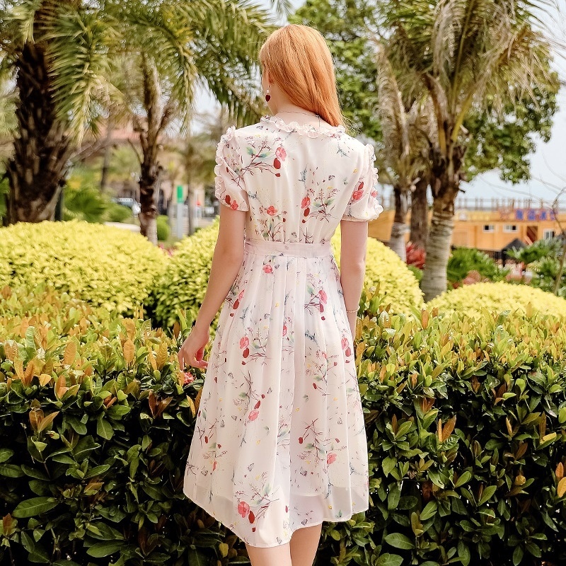 Mid-length Pleated Print Chiffon Dress