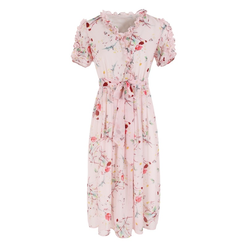 Mid-length Pleated Print Chiffon Dress