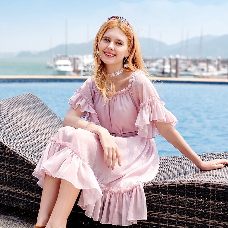 One-neck Lotus Leaf Sleeve Chiffon Dress