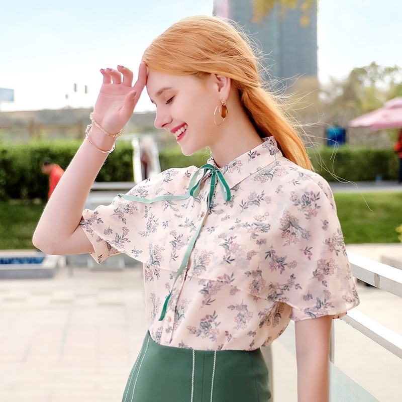 Lapel Hem Sleeve Print Chiffon Top
