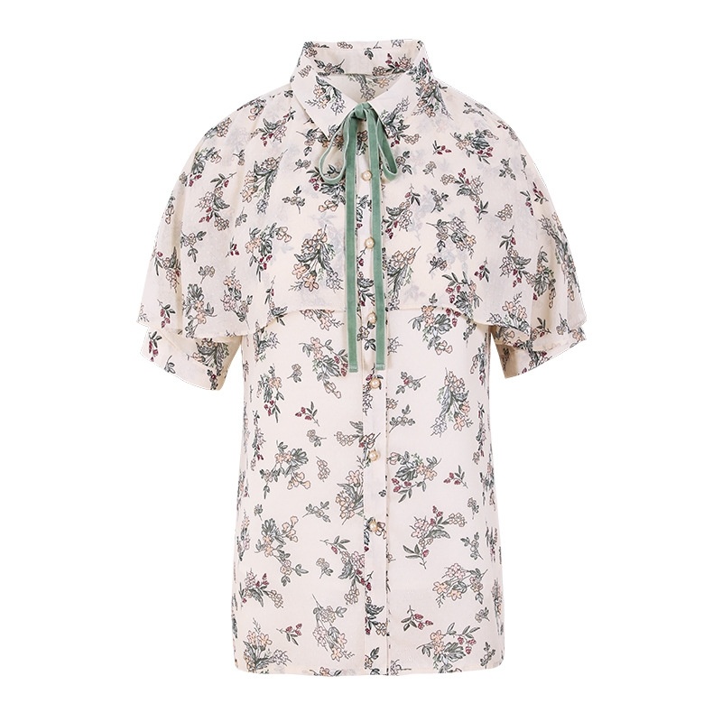 Lapel Hem Sleeve Print Chiffon Top