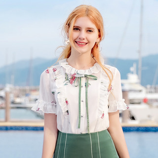Flared Sleeve Single-Breasted Drucken Chiffon Shirt