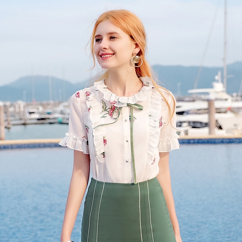 Évasée Manches Unique À Poitrine Imprimer En Mousseline De Soie Chemise