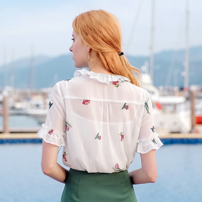 Flared Sleeve Single-Breasted Drucken Chiffon Shirt