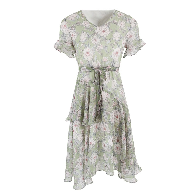 Printed Trumpet Sleeve Chiffon Dress