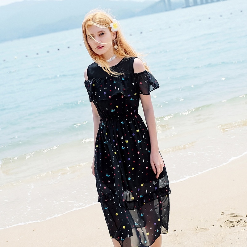 Chiffon Print Strapless Shoulder Dress