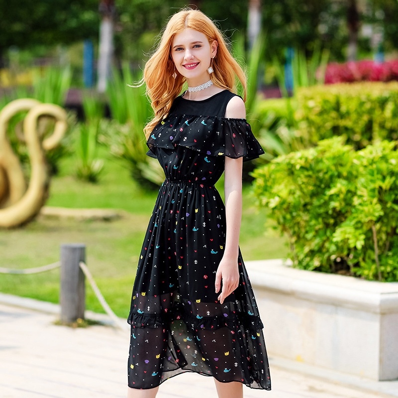 Chiffon Print Strapless Shoulder Dress