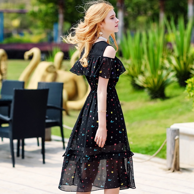 Chiffon Print Strapless Shoulder Dress