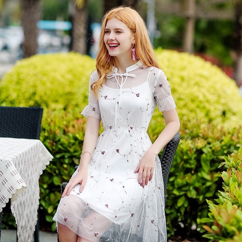 V-neck Lotus Sleeve Embroidered Chiffon Dress