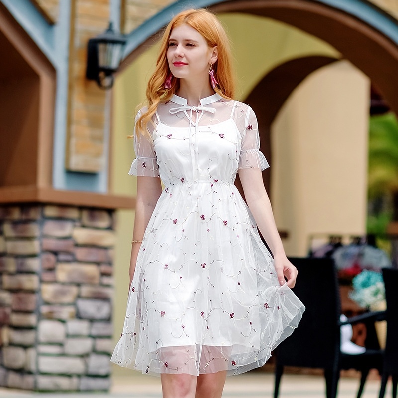 V-neck Lotus Sleeve Embroidered Chiffon Dress