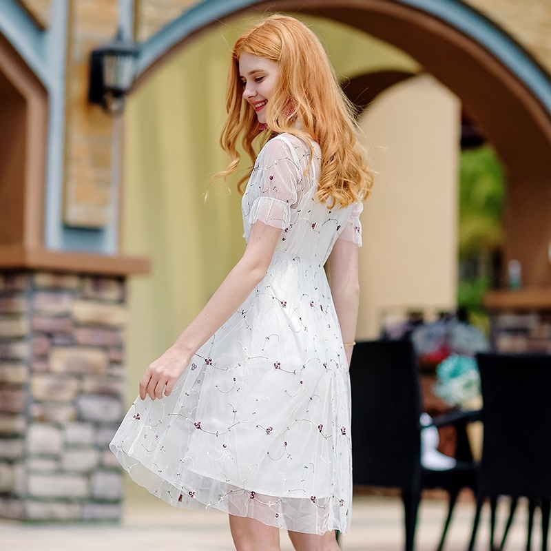 V-neck Lotus Sleeve Embroidered Chiffon Dress