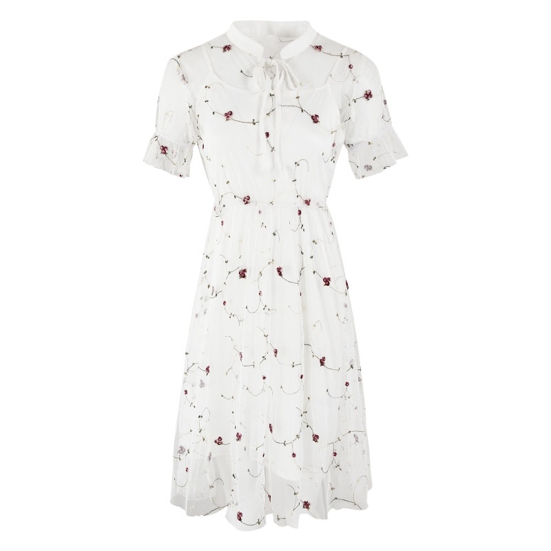 V-neck Lotus Sleeve Embroidered Chiffon Dress