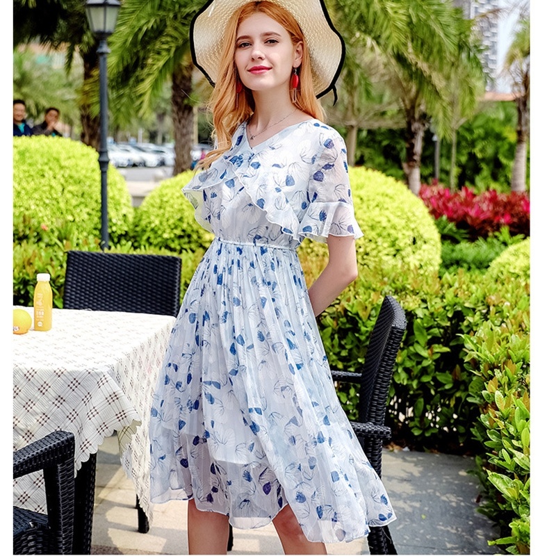 V-neck Flared Sleeve Pleated Print Chiffon Dress