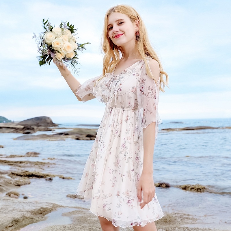 Five-point Sleeve A-print Chiffon Dress