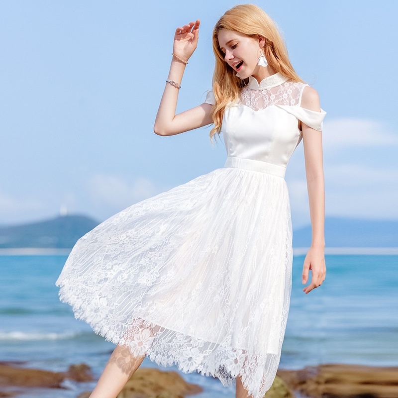 Kragen Trägerlosen A-Linie Spitzenkleid