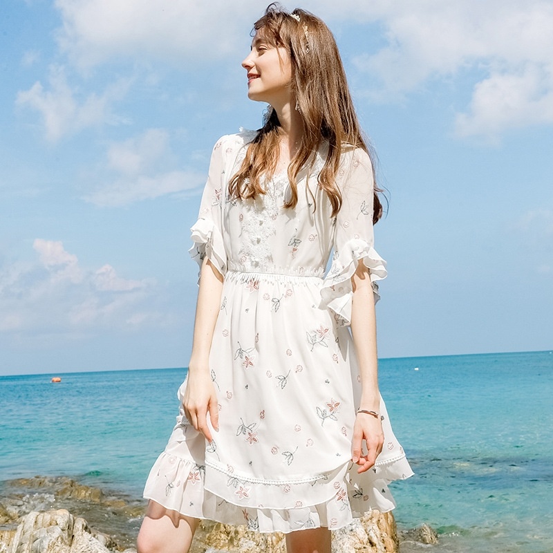 V-neck Five-sleeved Sleeveless Chic Chiffon Dress