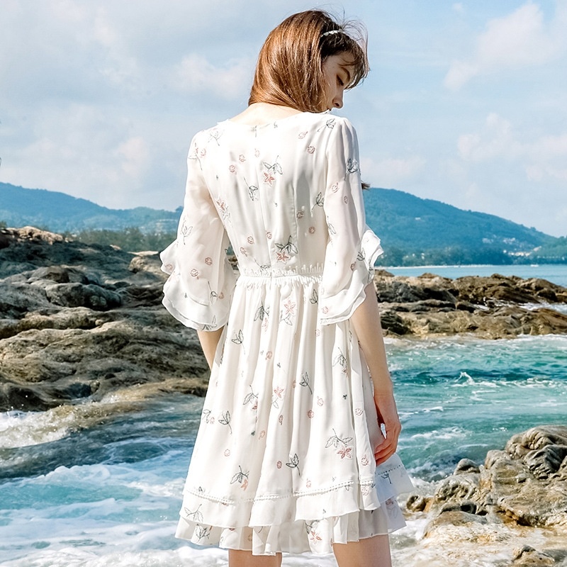 V-neck Five-sleeved Sleeveless Chic Chiffon Dress