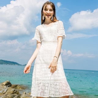 Blanco De Encaje De Cuello V Cutwork Una Línea De Vestido Midi | VoguesUs