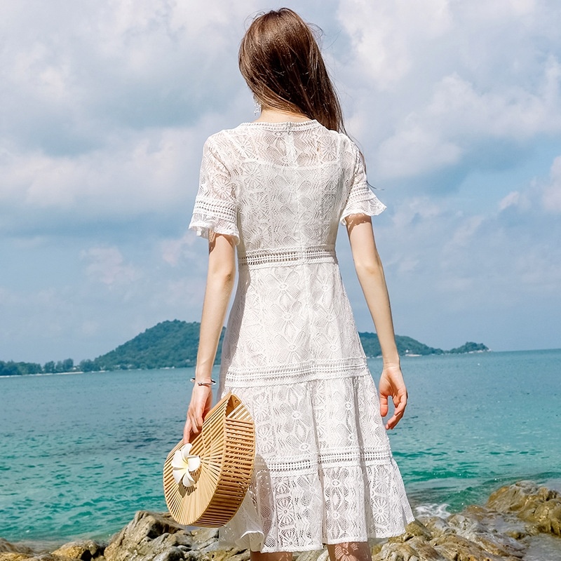 White Lace V Neck Cutwork A Line Midi Dress | VoguesUs