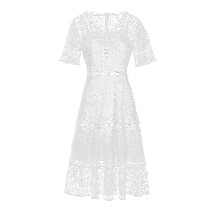 White Lace V Neck Cutwork A Line Midi Dress | VoguesUs