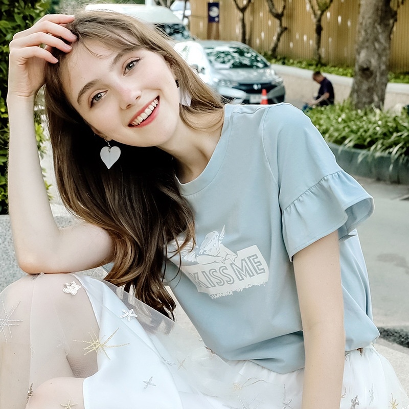 Round Neck Speaker Sleeve Letter Printed T-shirt