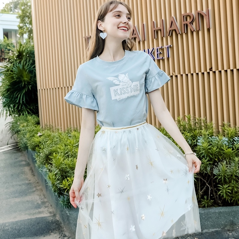 Round Neck Speaker Sleeve Letter Printed T-shirt