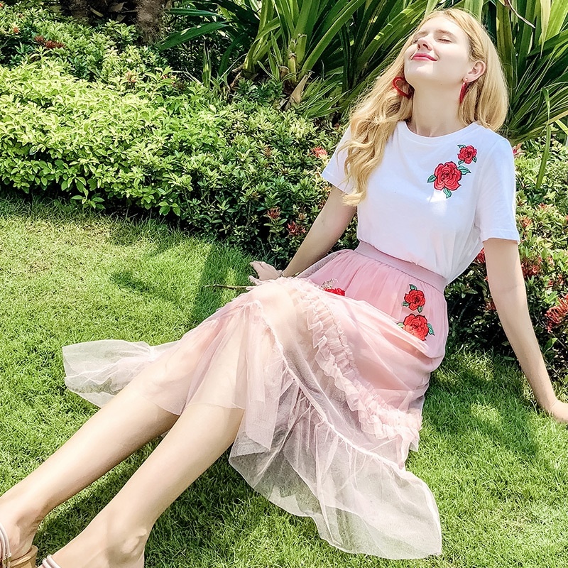 Flower Embroidery Mesh Stitching A Word Skirt