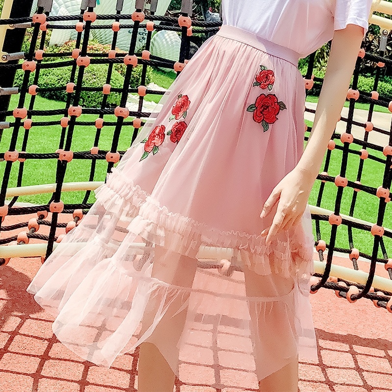 Flower Embroidery Mesh Stitching A Word Skirt